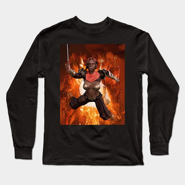 Warrior woman girl princess leaping from flames sword and armor Long Sleeve T-Shirt by Fantasyart123